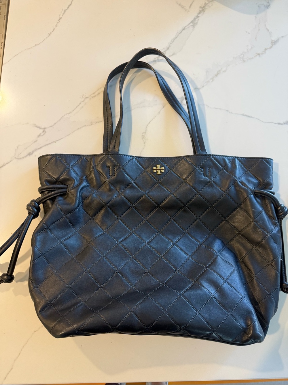 Tory Burch Black Quilted Leather Tote with Gold Logo